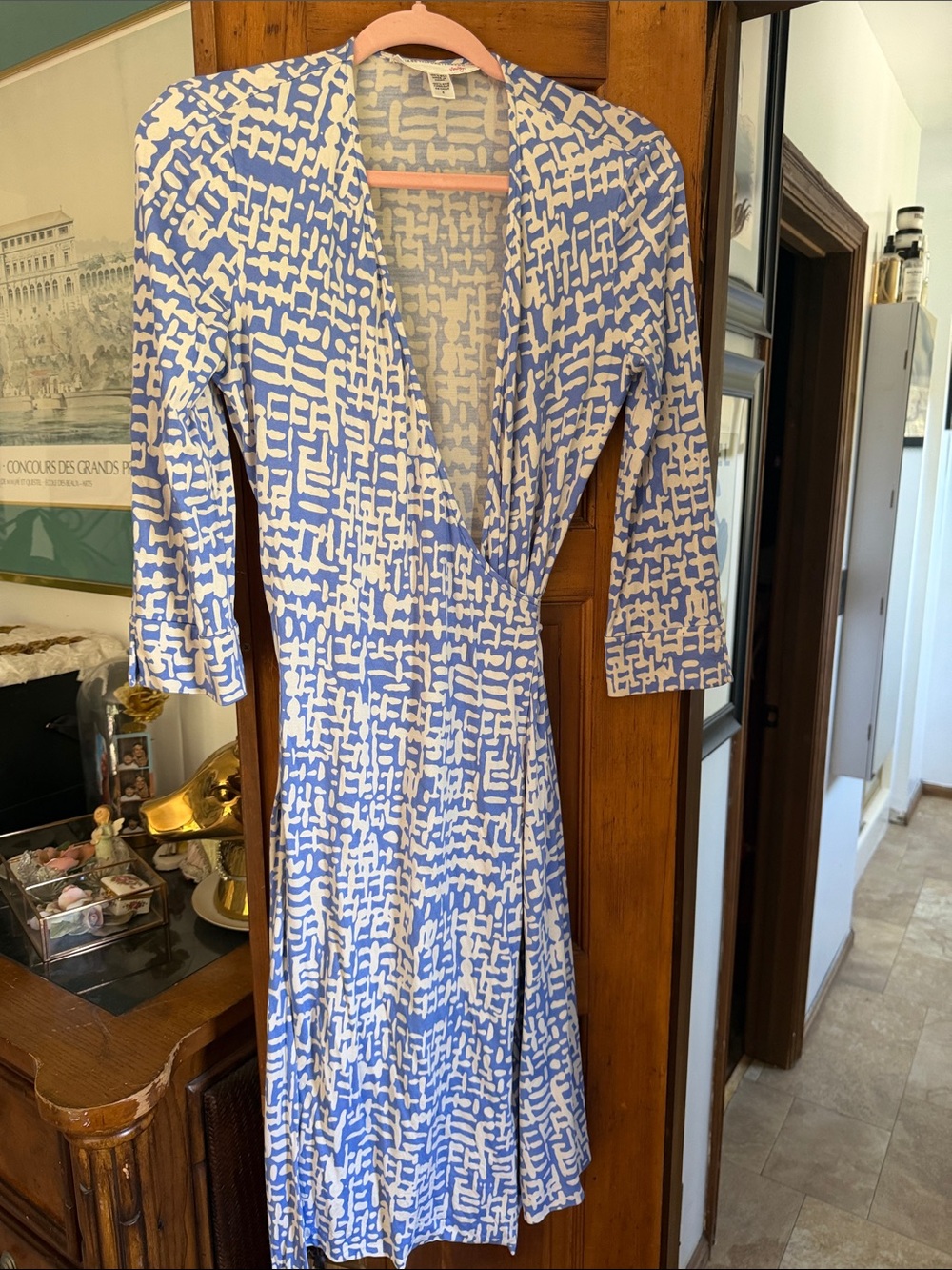 Blue and White Patterned Wrap Dress